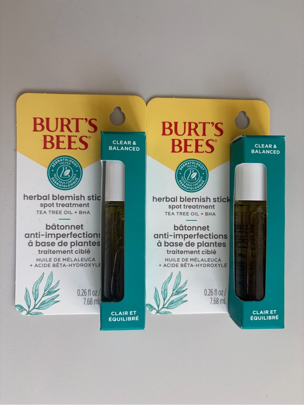 2 Burt's Bees Herbal Blemish Stick Spot Treatment Tea Tree Oil + BHA Botanicals